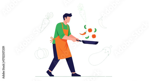 Man Preparing Food in the Kitchen, Frying Vegetables in a Pan, Healthy Lifestyle