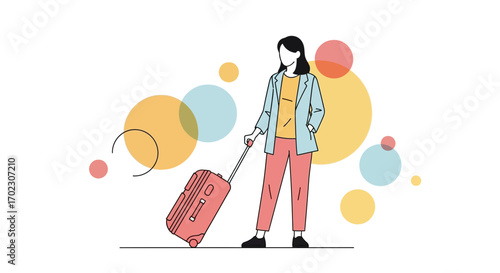 Illustration of person with luggage, travel concept, dots and lines, isolated on white background