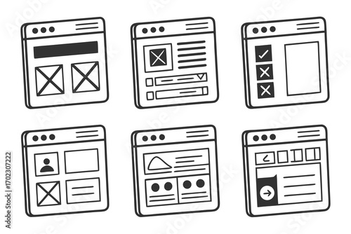 Collection of hand drawn website wireframe and ui element icons