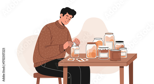Man Preserving Food with Jars and Lables on a Table: Home Canning Illustration