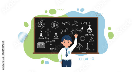 Illustration Of Student Raising Hand In Chemistry Class For Academic Learning.