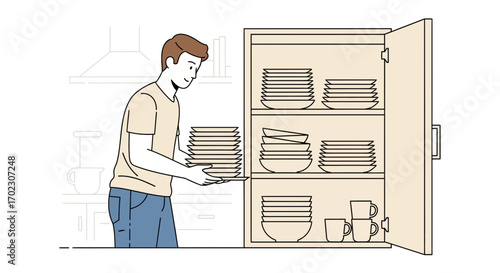 Man putting plates in a cupboard in the white kitchen vector illustration
