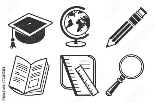 Collection of educational icons including a graduation cap globe pencil book ruler and magnifying glass