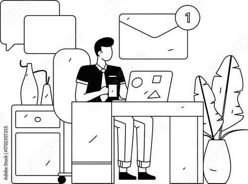 Man working from home with incoming messages and email notification on laptop, balancing work and communication, modern digital lifestyle and remote office setup with plants