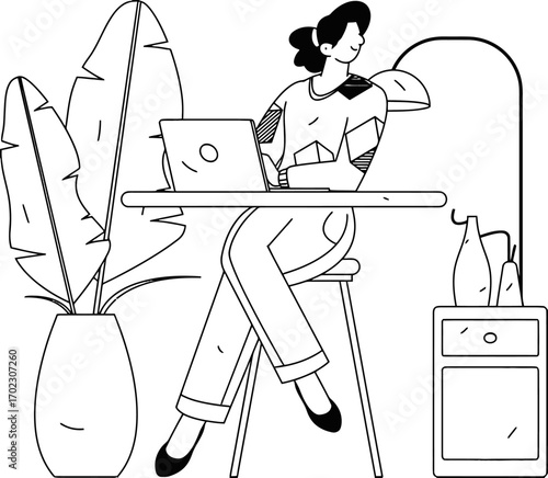 Creative woman working on laptop in modern home office, stylish workspace with plant and lamp, enjoying remote work and freelance lifestyle, digital nomad embracing technology