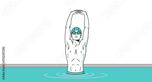 Illustration Of Swimmer Stretching In Pool Ready To Start Training with Goggles and Swim Cap