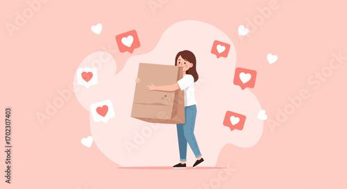 Illustration of woman holding a large package, shopping, social media likes