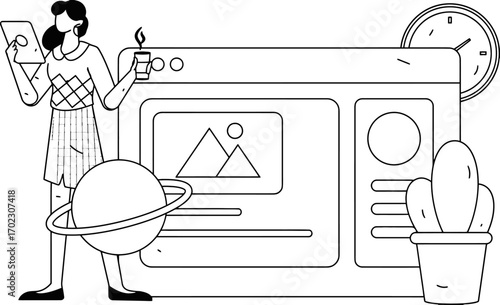 Streamlined process outline, a digital nomad's journey, capturing the essence of remote work with a tablet, tea, and modern design elements for a vibrant, productive workflow scene