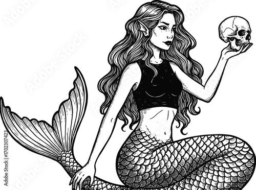 Gothic mermaid illustration, fantasy sea creature holding skull, dark ocean mythology, hand drawn artwork, mystical tattoo style, dramatic concept
