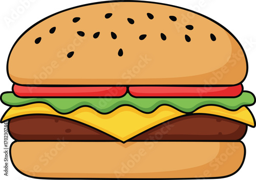 A delicious cartoon illustration of a classic cheeseburger with sesame seeds on the bun, lettuce, tomato, and a beef patty.