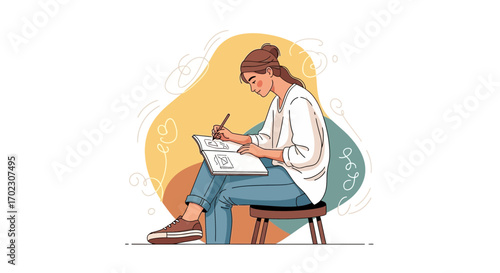 Illustration Of Woman Sketching In A Notebook Sat On A Stool During A Resting Moment