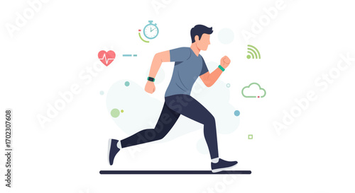 Illustrative Athlete Running And Monitoring Health Data With Modern Technology And Gadgets