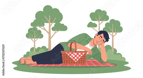 Man relaxing and napping on a picnic blanket at the park, illustration in flat vector style