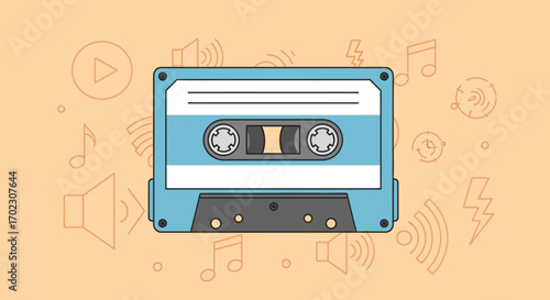 Illustrative Cassette Tape With Audio Icons, Nostalgic Design For Music Lovers