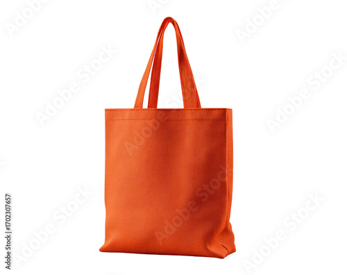A vibrant orange tote bag, simple design, sturdy fabric, two parallel handles, slightly angled perspective on a black background