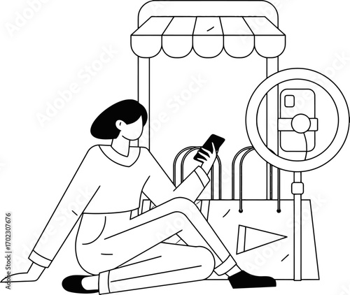 Stylish woman browsing online store on phone with shopping bags, creating content with a ring light, visualizing modern e-commerce, engaging with social media marketing, exploring virtual retail