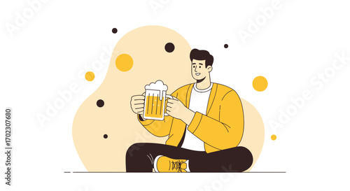 Man Relaxing And Enjoying Beer In A Peaceful And Serene Moment Illustration
