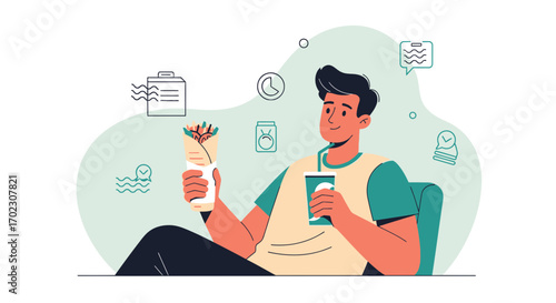 Man relaxing with a wrap and drink, simple vector illustration, fast food time