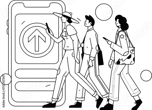 Modern illustration of people using a mobile app for file sharing, emphasizing connectivity and technology, ideal for startup marketing and digital transformation campaigns with a minimalist style
