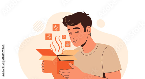 Man Relishing Aroma Emerging From Box, Depicting Anticipation and Fragrance Experience