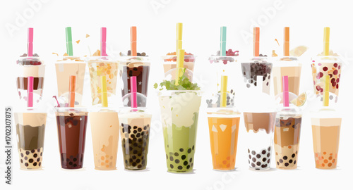 Collection of colorful bubble tea drinks with straws.