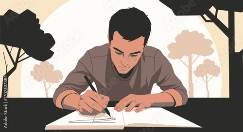 Illustrative drawing of a man sketching in a notebook with trees in the background