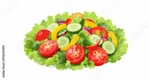 Fresh vibrant garden salad with mixed colorful vegetables on white background.