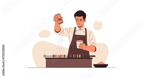 Illustrative image of a chef grilling skewers, adding spices, a culinary concept