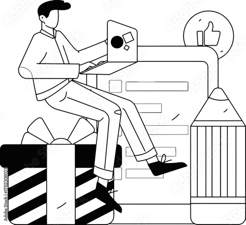 Modern illustration of a person working on a laptop while sitting on a gift box, symbolizing online shopping, e-commerce, and digital marketing success with a thumbs up icon