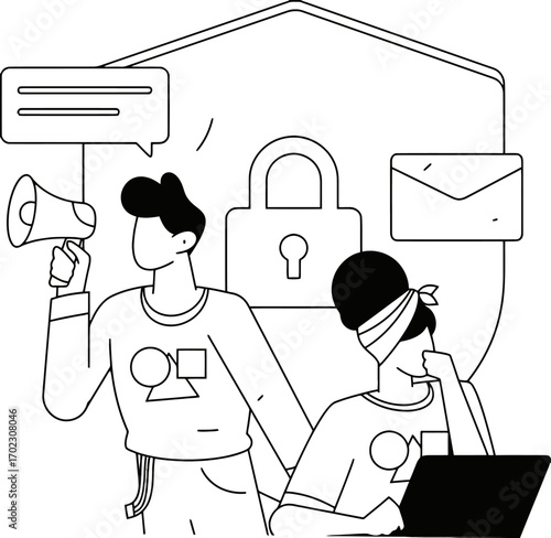 Boost your cybersecurity with this dynamic illustration of a team working to secure data, a visual metaphor for robust network protection and privacy, promoting online safety