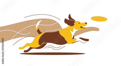 Illustrative image of a dog in mid-air catching a frisbee with minimalist style