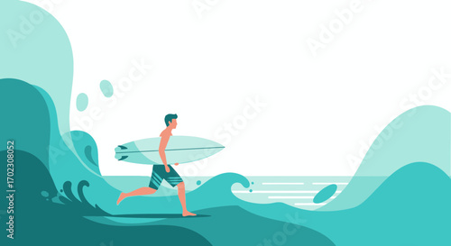 Man running with surfboard towards the sea wave with a minimalist illustration