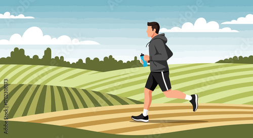 Man Running With Water Bottle Through A Lush Green Field In A Beautiful Landscape