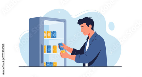 Man Selecting a Soda Can from a Refrigerator Vector Illustration Design