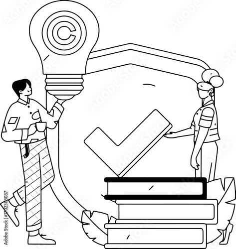 Protecting intellectual property concept with copyright symbol, business people ensuring compliance, and ideas validated, perfect for legal and innovation themes online