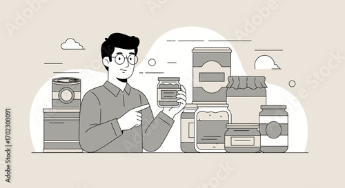 Man showing preserved food items with glasses illustration and line art style