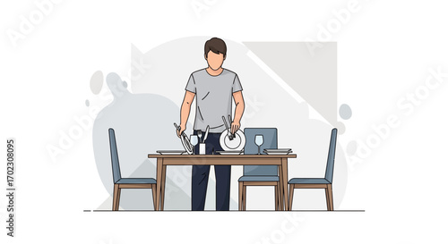 Man setting the table for dinner in a minimalist style illustration