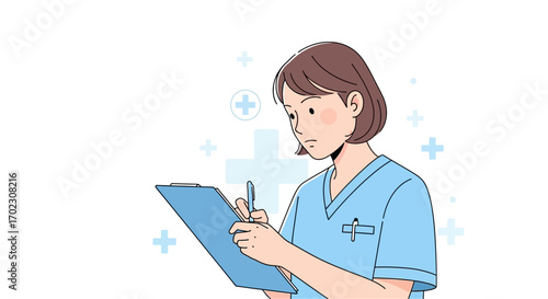 Illustrative portrayal of a nurse taking notes on a medical clipboard vector image