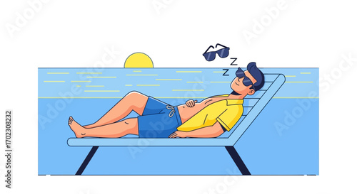 Man sleeping on a beach chair, sunbathing by the sea, vacation and relaxation theme