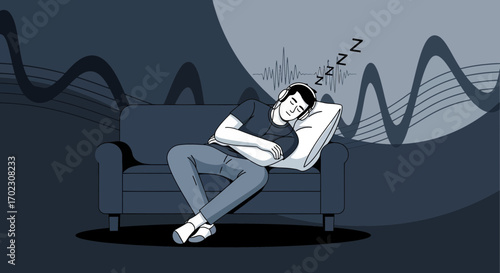Man Sleeping Comfortably on Couch with Headphones and Musical Audio Waves