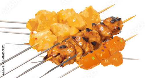 Delicious skewers of grilled chicken and fried tofu on white background.