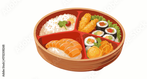 Japanese Bento Box with Sushi and Rice.
