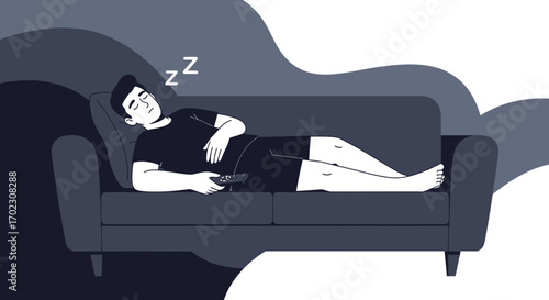 Man Sleeping on the Couch with Remote Control a Simple Illustration