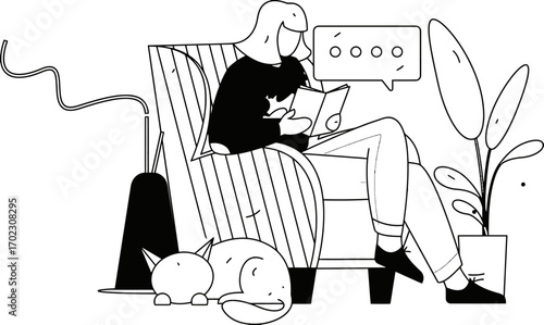 Relaxing day indoors with a book and a cat, perfect for quiet moments, reading inspiration, or cozy home themes, great for book lovers and animal companionship concepts