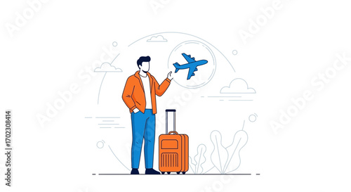 Man Standing Ready To Travel With Airplane Icon And Luggage Conceptual Illustration Design