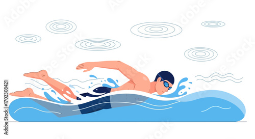 Man Swimming Freestyle In Clear Water Surrounded By Artistic Waves And Circles Illustration