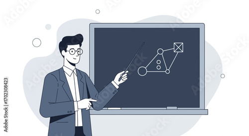 Illustrative teacher explaining diagram on blackboard in educational setting or presentation