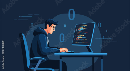Illustrative vector of a coder working on programming on a computer at a desk