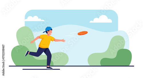 Man throws a frisbee in the park on a sunny day for outdoor leisure activities