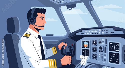 Illustrative View Of The Pilot Piloting An Airplane in the Cockpit and Controlling Flight